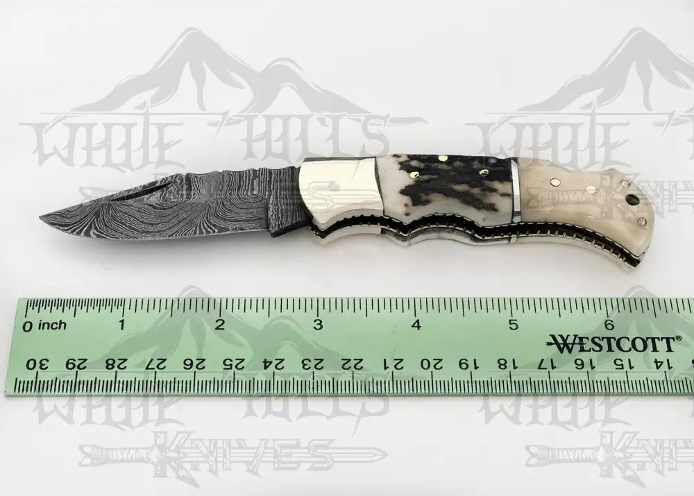 Handmade Forged Damascus Steel Hunting Folding Camping Pocket Knife With Stag Antler Camel Bone & Steel Bolster Handle WH 3986