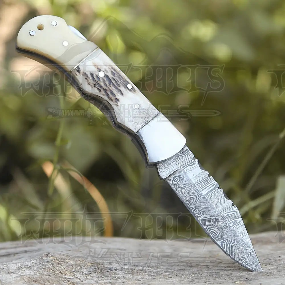 Handmade Forged Damascus Steel Hunting Folding Camping Pocket Knife With Stag Antler Camel Bone & Steel Bolster Handle WH 3986