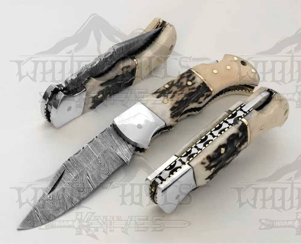 Handmade Forged Damascus Steel Hunting Folding Camping Pocket Knife With Stag Antler Camel Bone & Steel Bolster Handle WH 3986