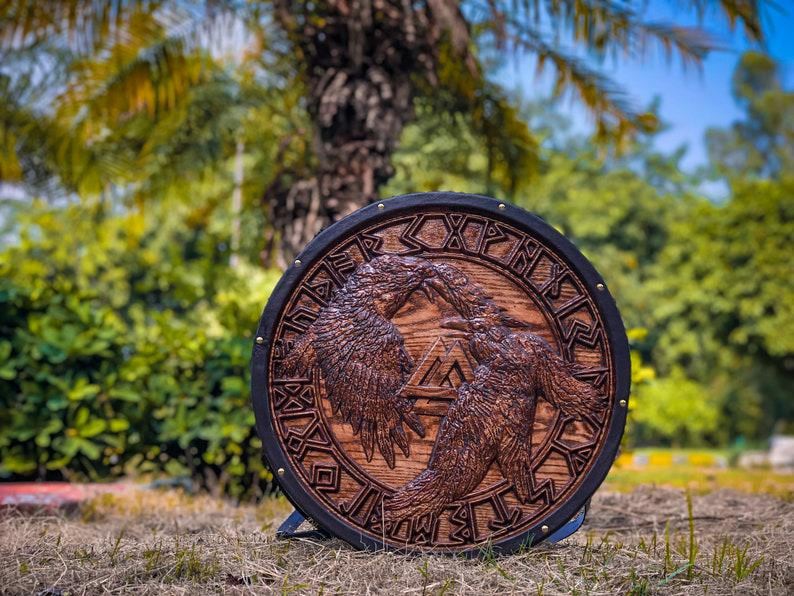 Viking Shield Wooden Carving Medieval Round Cosplay Shield 24" Armor Wall Decor