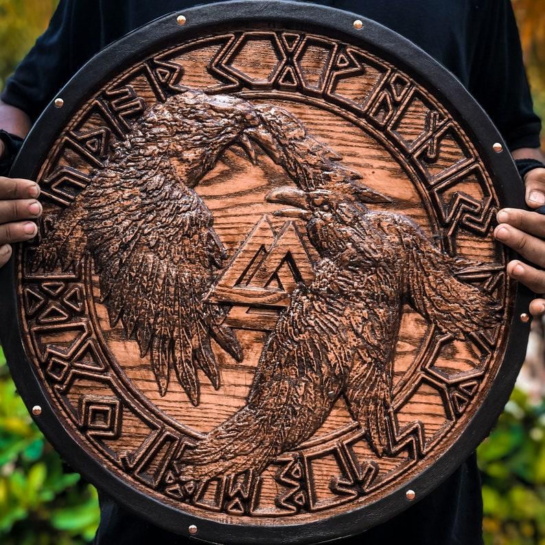 Viking Shield Wooden Carving Medieval Round Cosplay Shield 24" Armor Wall Decor