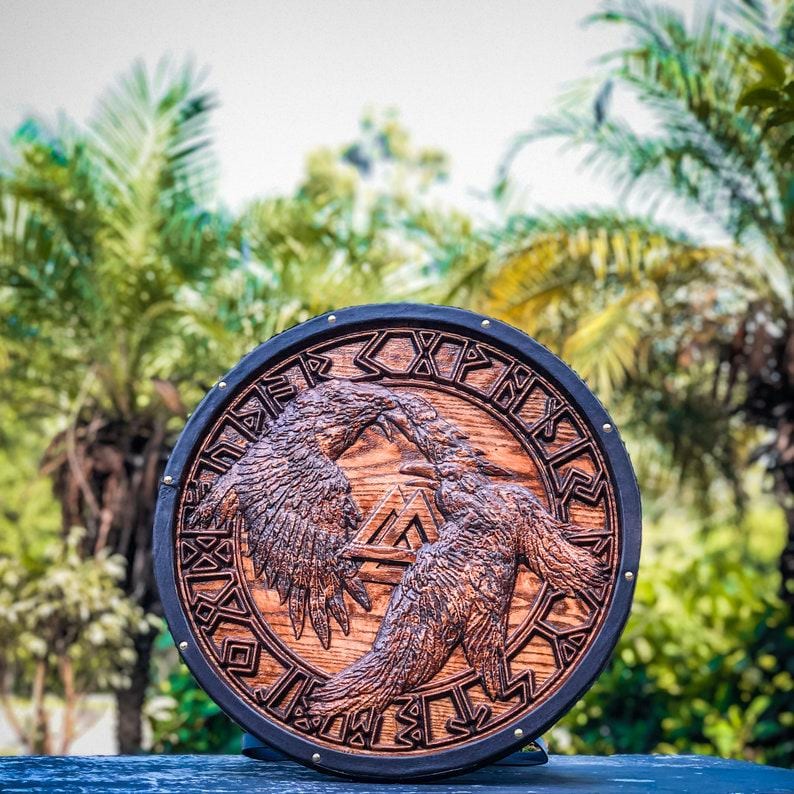 Viking Shield Wooden Carving Medieval Round Cosplay Shield 24" Armor Wall Decor