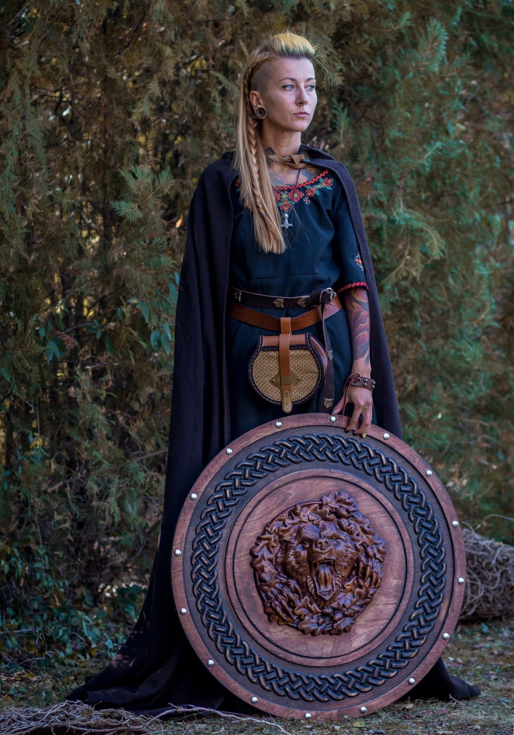 Berserker Bear Totem Oaken Carved Viking Shield, 24" - + engraved