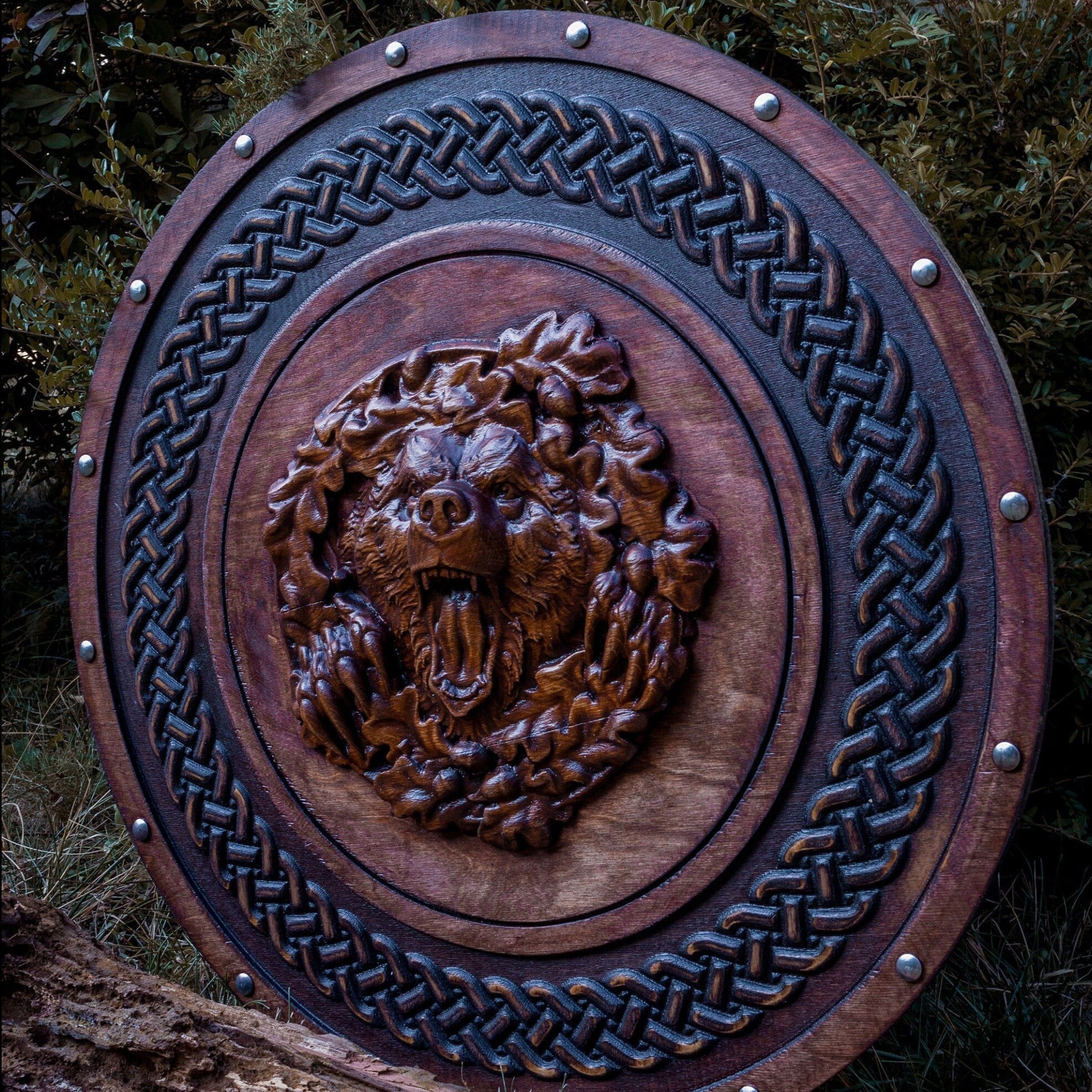 Berserker Bear Totem Oaken Carved Viking Shield, 24" - + engraved
