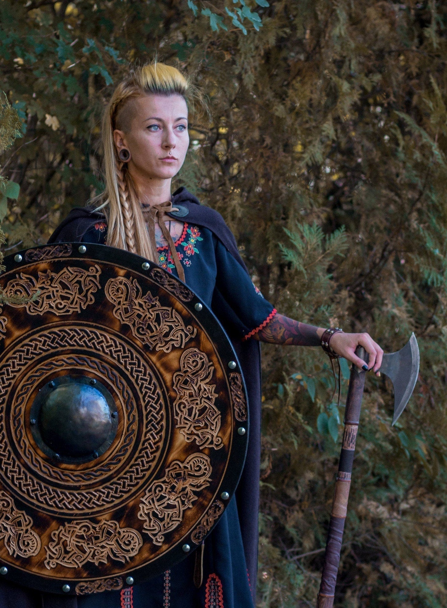 Handmade Viking Shield with Carved Jellinge Norse Drake Ornaments, 24"