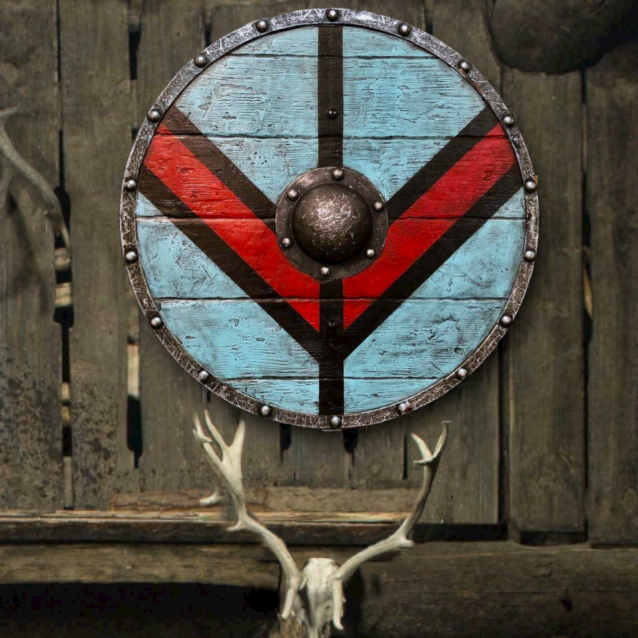 Lagertha Shieldmaiden Blue and Red Plank Viking Shield, 24"