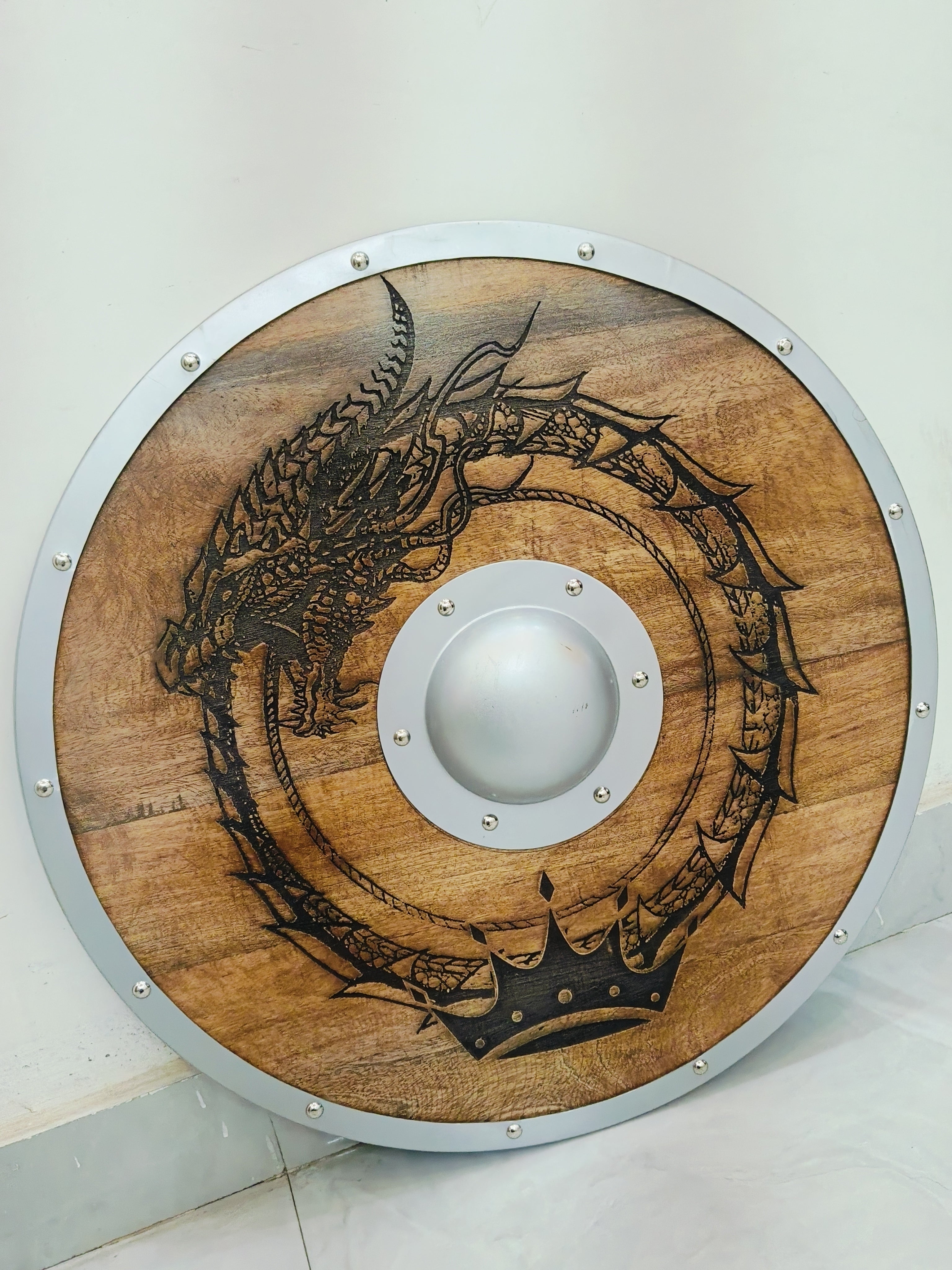 Carved Norse Runic Dragon Shield With Crown Authentic Viking Shield, 24"