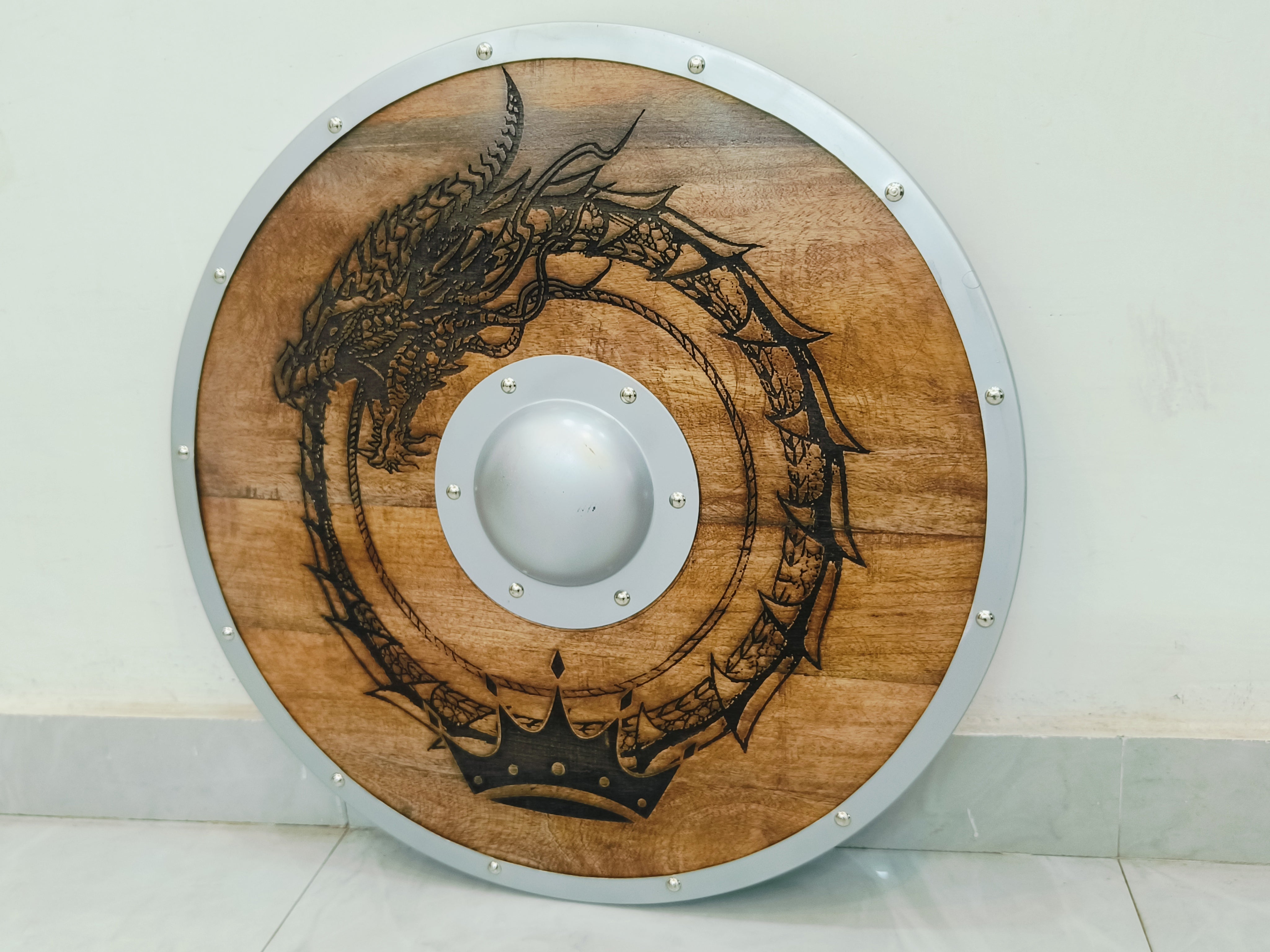 Carved Norse Runic Dragon Shield With Crown Authentic Viking Shield, 24"