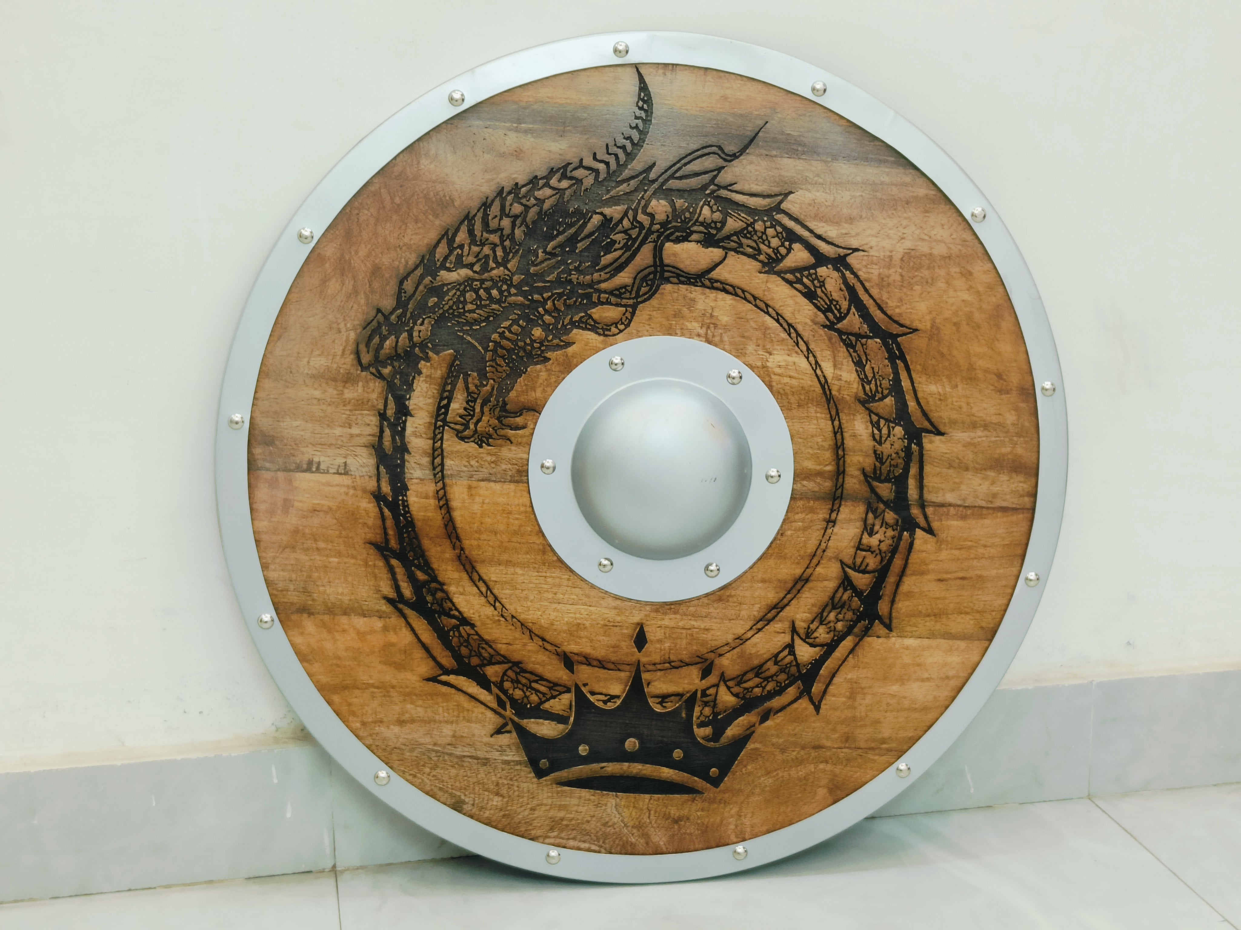 Carved Norse Runic Dragon Shield With Crown Authentic Viking Shield, 24"