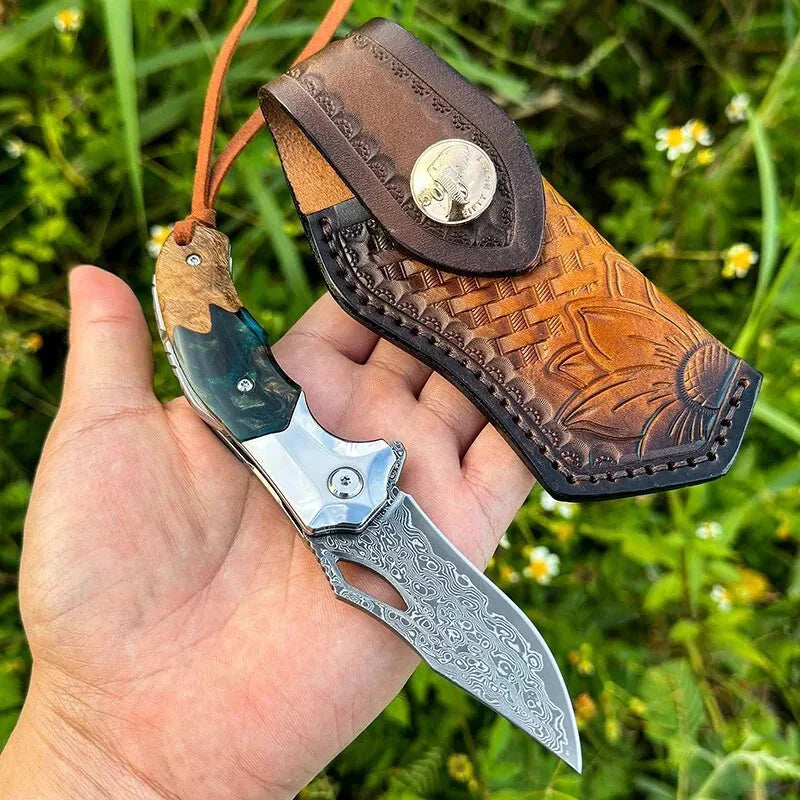 Handmade Damascus Steel Pocket Knife - Folding Knife - Outdoor Camping Hunting Survival Knife EDC