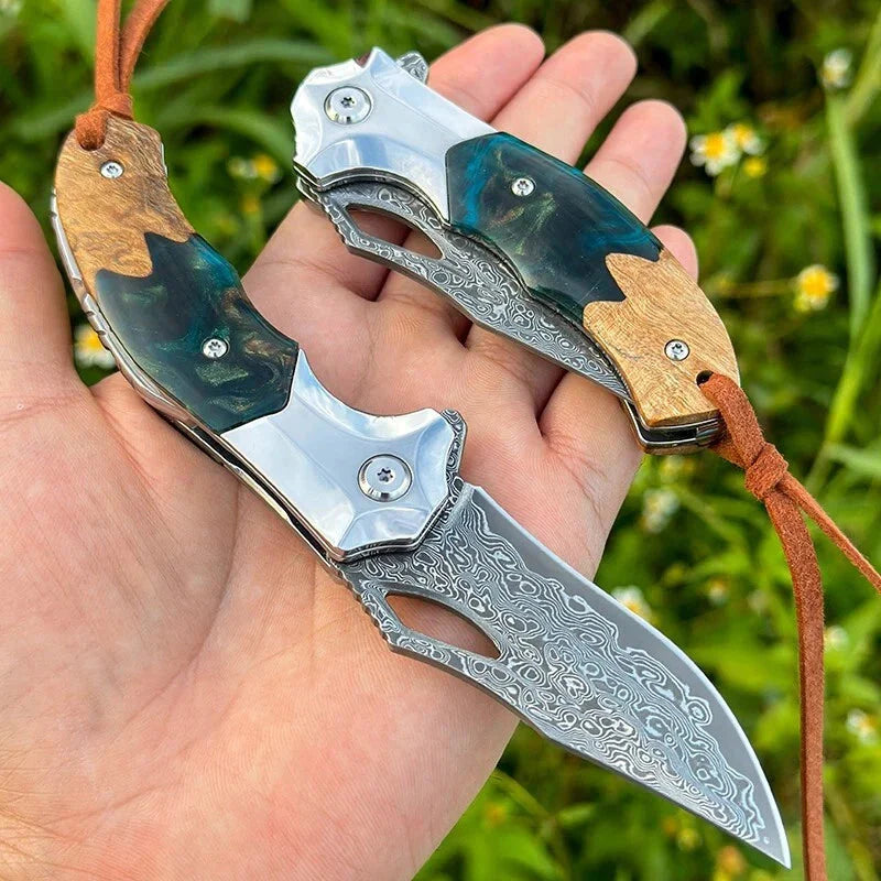 Handmade Damascus Steel Pocket Knife - Folding Knife - Outdoor Camping Hunting Survival Knife EDC