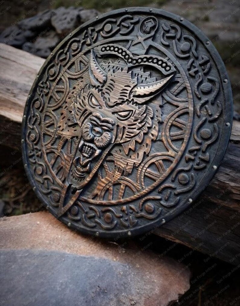 Handmade Viking Fenrir Shield – Carved Wooden Round Shield with Wolf Design – Decorative Viking Gift for Him, Dad, or Collectors, 24" (Copy)